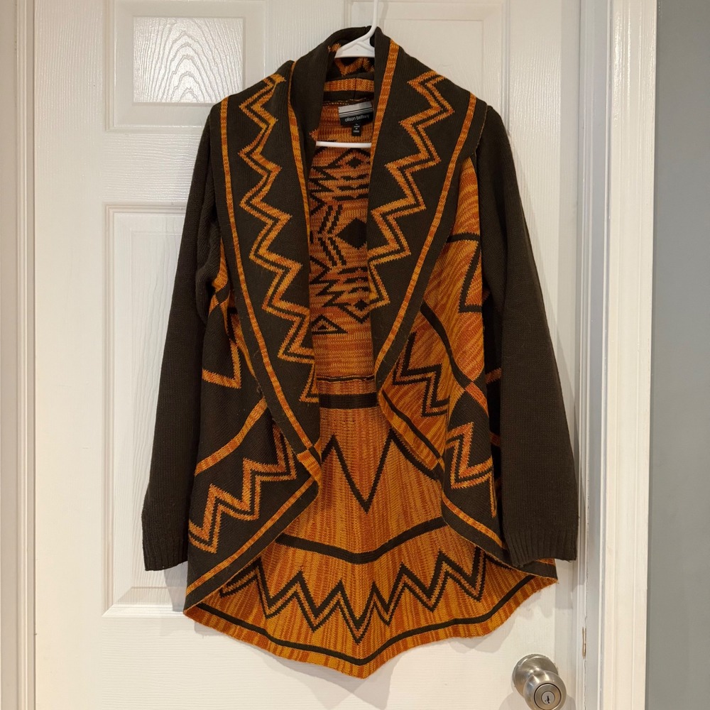 Allison Brittney Brown Orange Aztec Geometric Open Front Cardigan Sweater Large